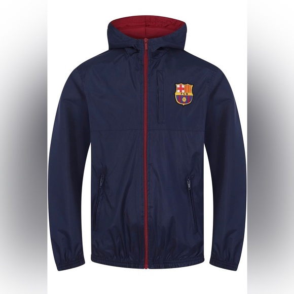 NEW! FC Barcelona Official Hooded Full Zip Jacket Windbreaker Navy Boys 12/13 Yr - Picture 1 of 12